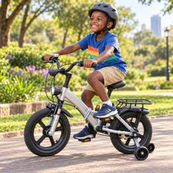BeiQiTong 14 inch silver folding kids bicycle with training wheels, rear luggage carrier, mag wheels, front suspension, and headlight