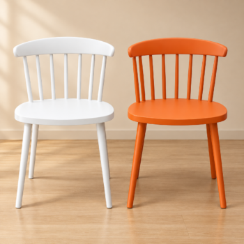Modern spindle-back dining chairs in white and orange