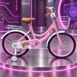 Bright pink DPAKE girls princess bicycle featuring a front basket, rear metal luggage rack, training wheels, white mudguards, and brown leather saddle