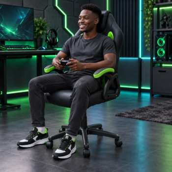 High-back racing style gaming chair in black leatherette and neon green breathable mesh with padded armrests and swivel base