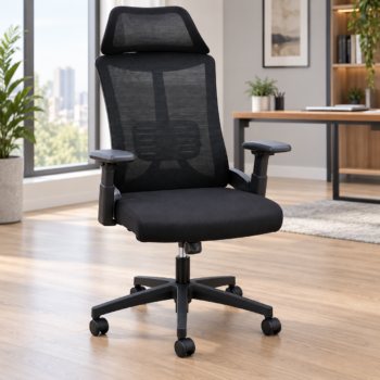 Front and back view of a high-back black ergonomic mesh office chair featuring integrated lumbar support, headrest, adjustable armrests, and 5-star swivel caster base