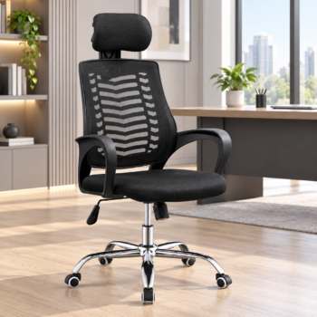 Black ergonomic high-back mesh office chair with adjustable headrest, lumbar support, and chrome swivel base