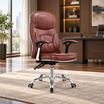 High-back brown leather executive office chair featuring stitched padding, curved padded armrests, tilt mechanism, and chrome 5-star swivel base
