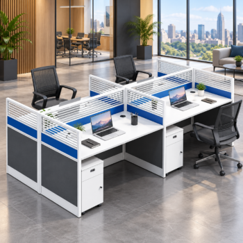 Modern white and blue 4-person modular office workstation featuring privacy divider screens, built-in lockable drawer pedestals, and wire grommets