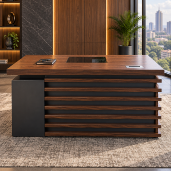 Front and back view of L111 executive office desk featuring a slatted wooden side panel, built-in center writing inlay, wire grommet, and 3 lockable drawers