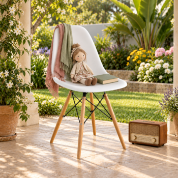 Modern white molded plastic Eames style dining chair with natural wooden legs and black metal wire bracing