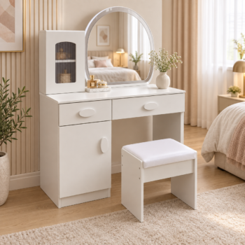 Modern off-white vanity dressing table featuring an oval LED light mirror, fluted glass upper cabinet, side storage unit, pull-out drawers, and matching cushioned stool