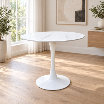 Modern white round tulip dining table featuring a smooth white tabletop and central heavy-duty trumpet metal pedestal base