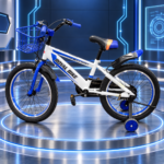 White and electric blue Royal Bike kids sport bicycle featuring a front wire basket, sturdy training wheels, rear mudguard, and cushioned saddle