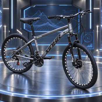 Matte gunmetal grey XINHR Avant-Garde mountain bike featuring front suspension fork, mechanical disc brakes, multi-speed drivetrain, and custom patterned rims
